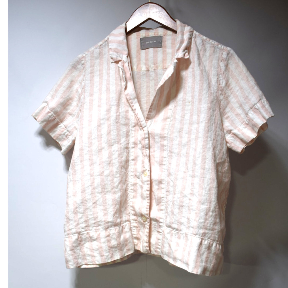 Everlane Pink White Striped Linen Camp Shirt Short Sleeve Button Front Women's M